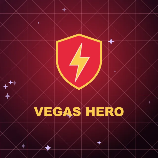Who we are at Vegas Hero Casino Red Vegas Hero shield with a lightning bolt above the brand name